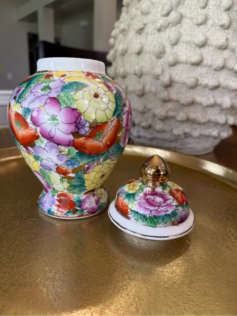 Floral Porcelain Ginger Jar with Gold Accent - Multi-Color